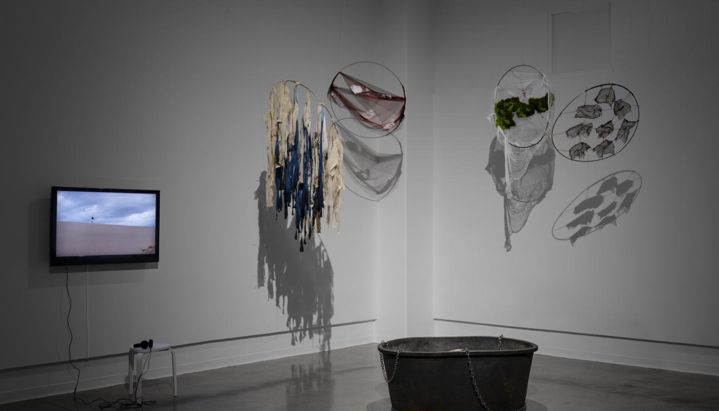 Installation view from the opening reception of the 20th Annual Guest Juried Undergraduate Exhibition, University Art Galleries, UC Irvine, 2025. Photo by Yubo Dong.