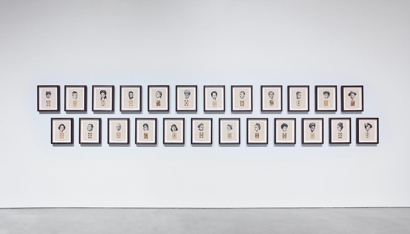 Whitfield Lovell, The Card Pieces, 2020, Charcoal pencil on paper with attached playing cards. University Art Gallery, UC Irvine © 2021. Photo by Paul Salveson. 