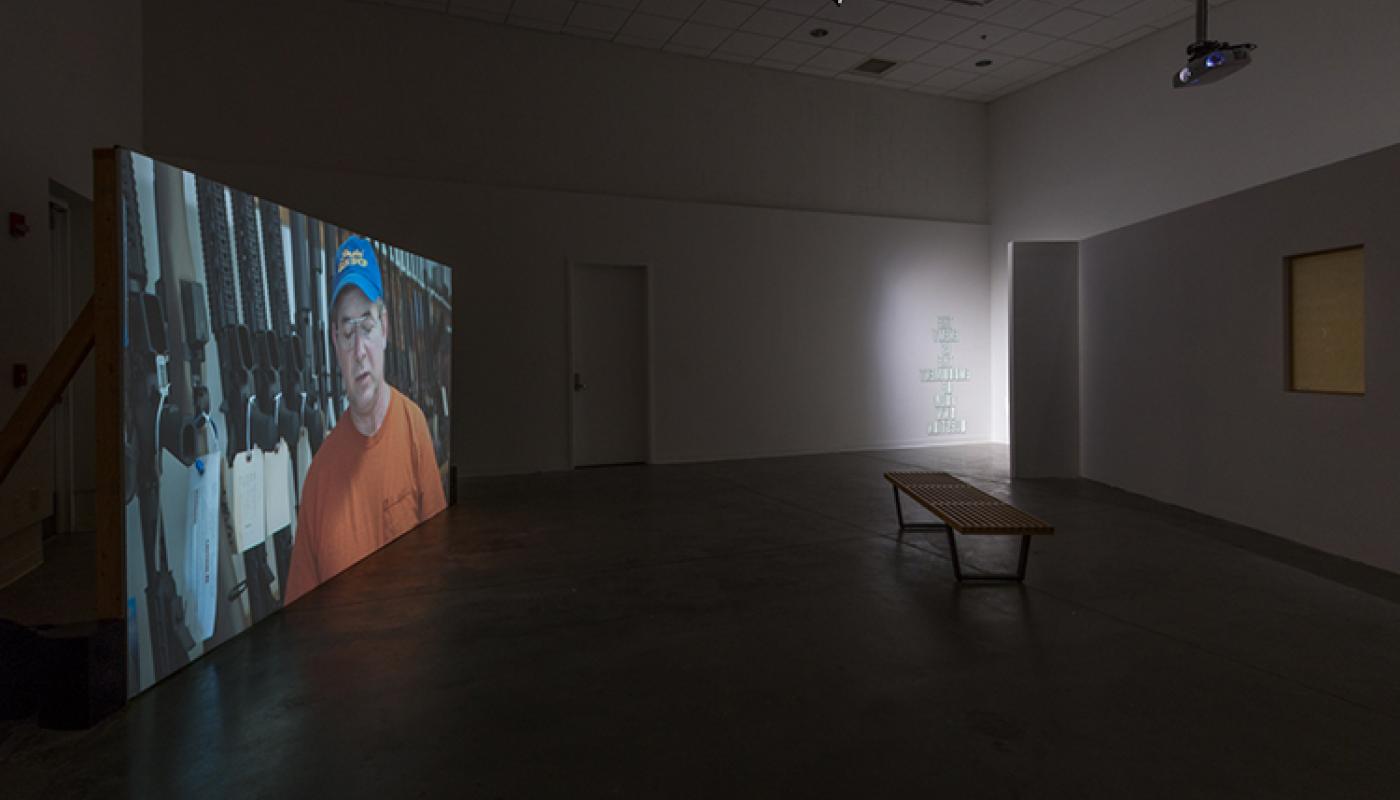 Omar Mismar, "Schmitt, You and Me," video installation, 2016-17. University Art Galleries, UC Irvine © 2017. Photo: Jeff McLane